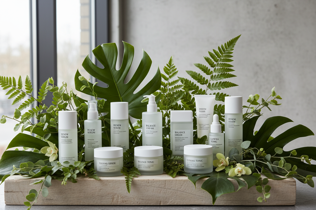 skincare products with a green floral but modern look